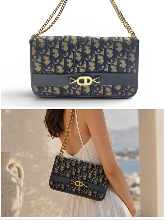 Dior Handbags - Vintage Christian Dior Oblique Monogram Navy Canvas Chain Clutch Flap Bag